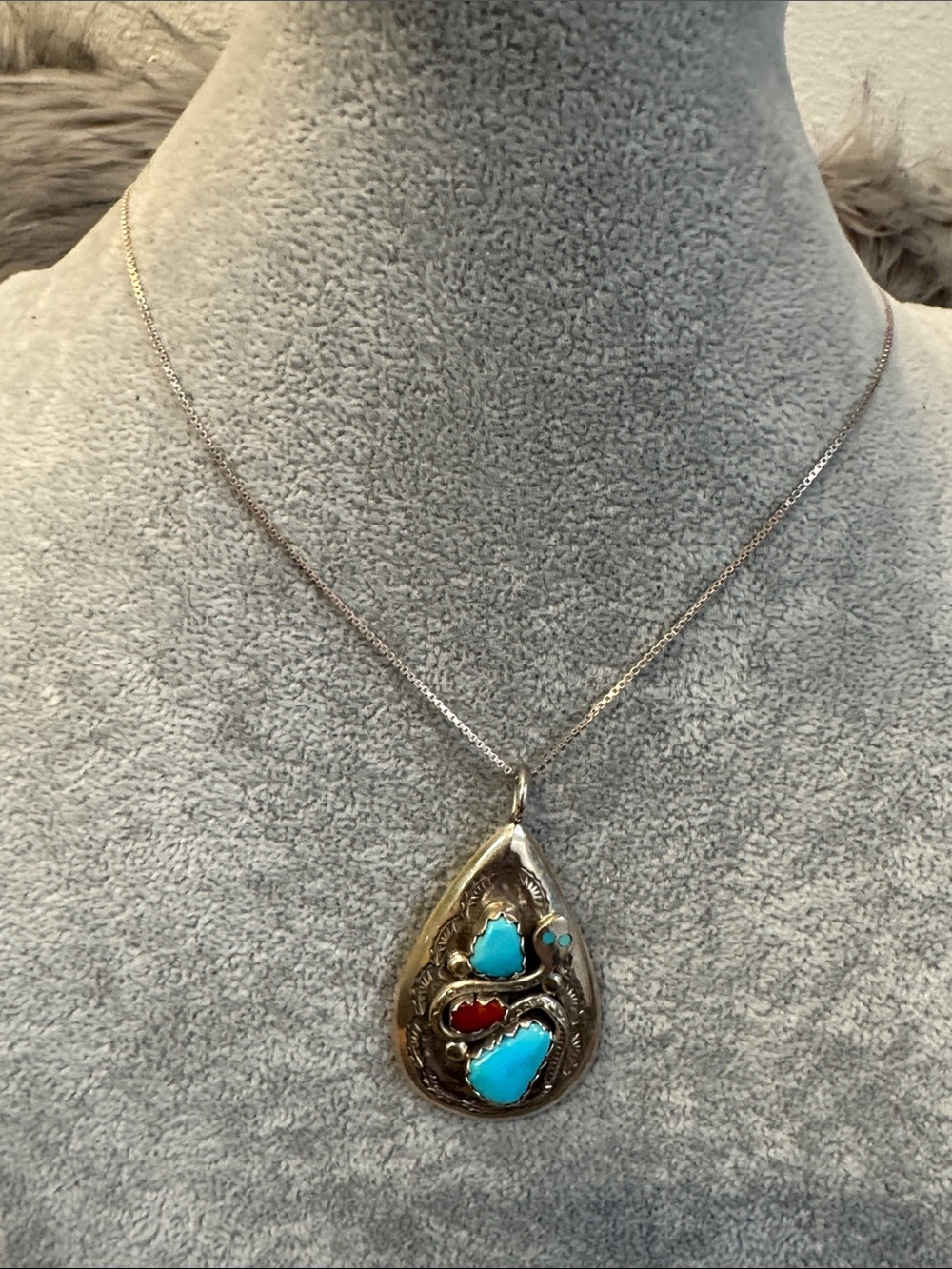 Vintage Native American Sterling Teardrop Pendant Necklace with Turquoise & Red